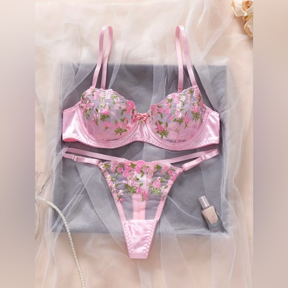 Gigi Angelic Pink Floral Embroidered Sheer Jewel Bra + Panty Thong Lingerie Set